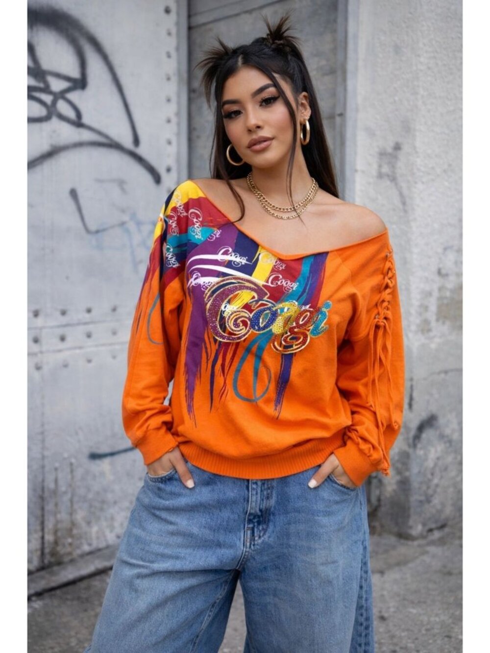 Coogi Knit Top Womens XLarge Urban Hip Hop Raw Edge Neck Tie Detail Big Logo - Picture 1 of 16